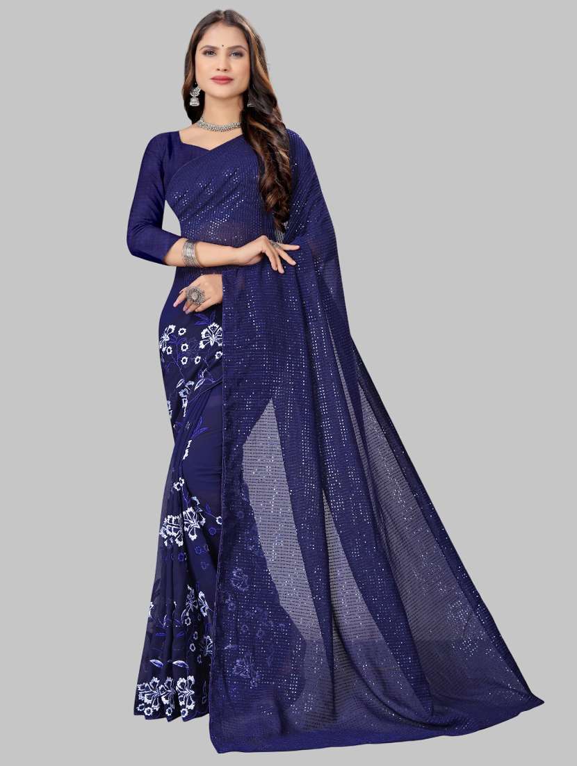 women solid with work embellished saree with blouse - 22103213 - Zoom Image - 0