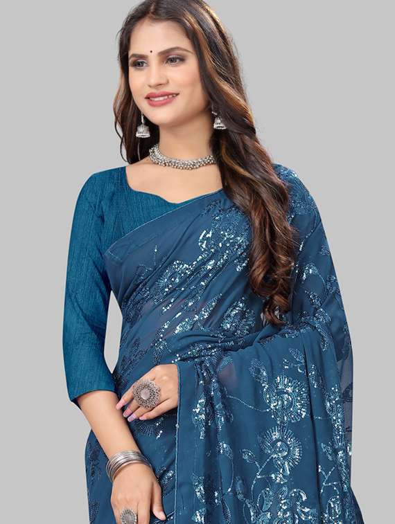 women solid with work embellished saree with blouse - 22103255 - Standard Image - 4