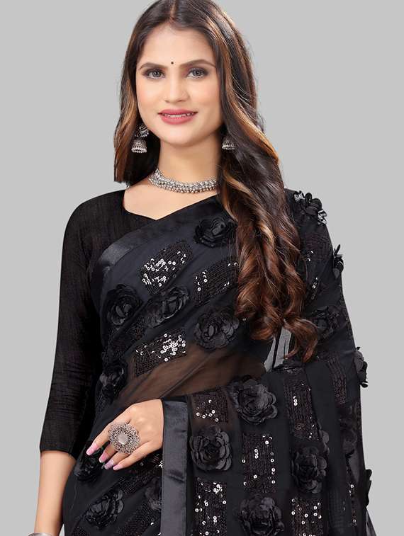 women solid with work embellished saree with blouse - 22103259 - Standard Image - 4