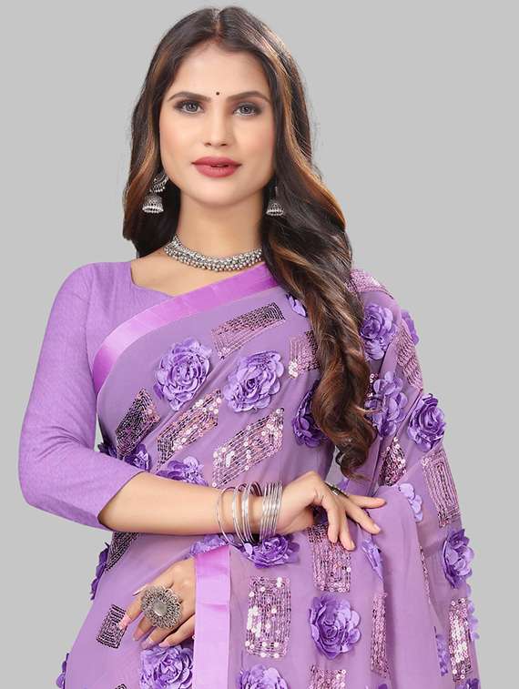 women solid with work embellished saree with blouse - 22103261 -  Standard Image - 4