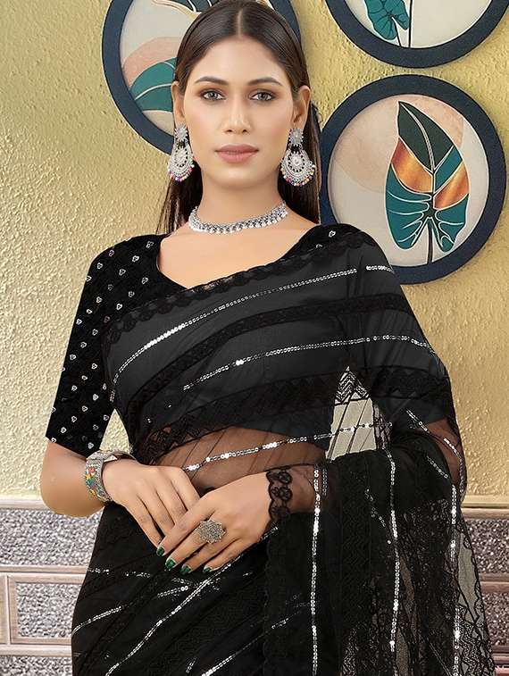 women solid with work embellished saree with blouse - 22103271 - Standard Image - 4
