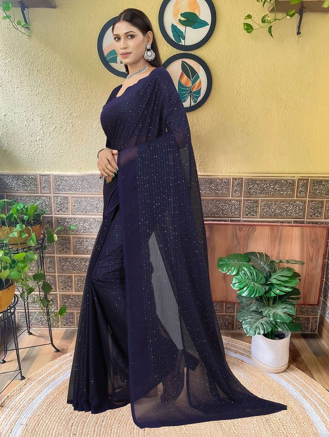 women solid with work embellished saree with blouse - 22103275 -  Standard Image - 1