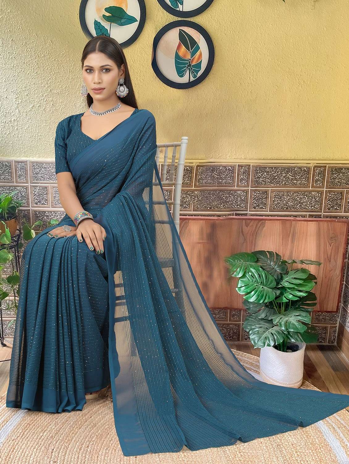 women solid with work embellished saree with blouse - 22103276 -  Standard Image - 1
