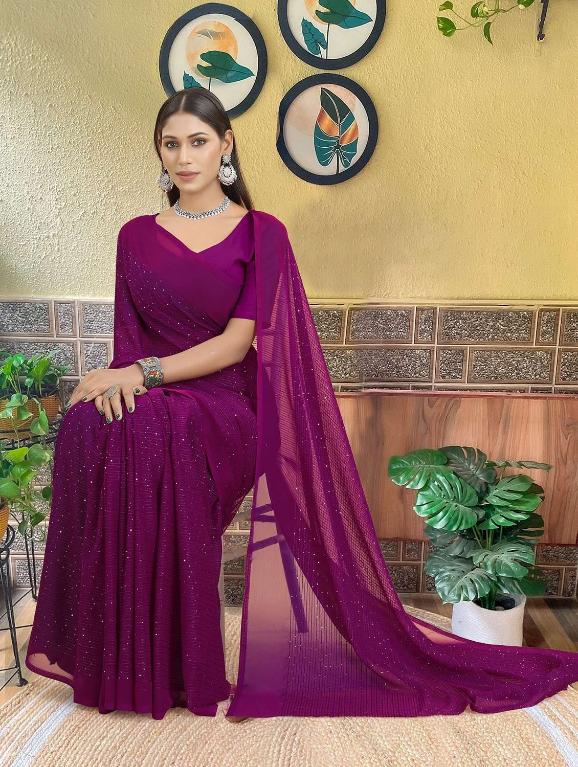 women solid with work embellished saree with blouse - 22103278 - Standard Image - 4