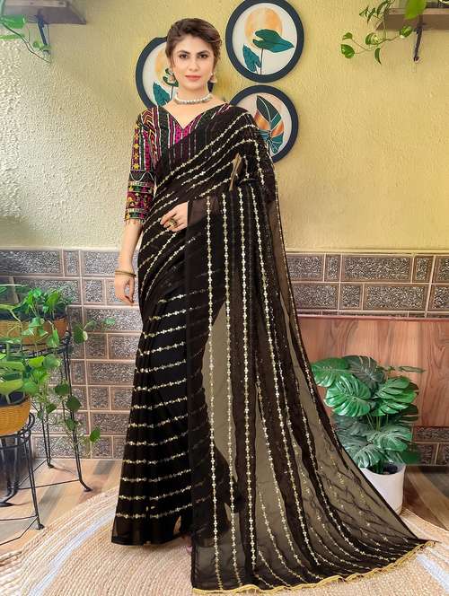 women solid with work embellished saree with blouse - 22103279 -  Standard Image - 0