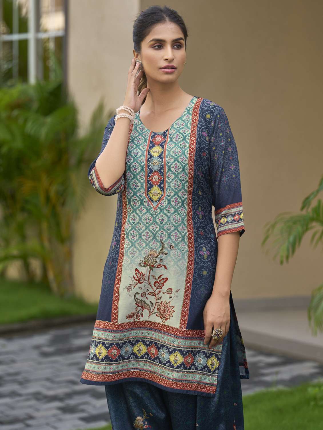 women printed three quarter sleeve ethnic co-ord set - 22103957 - Standard Image - 4