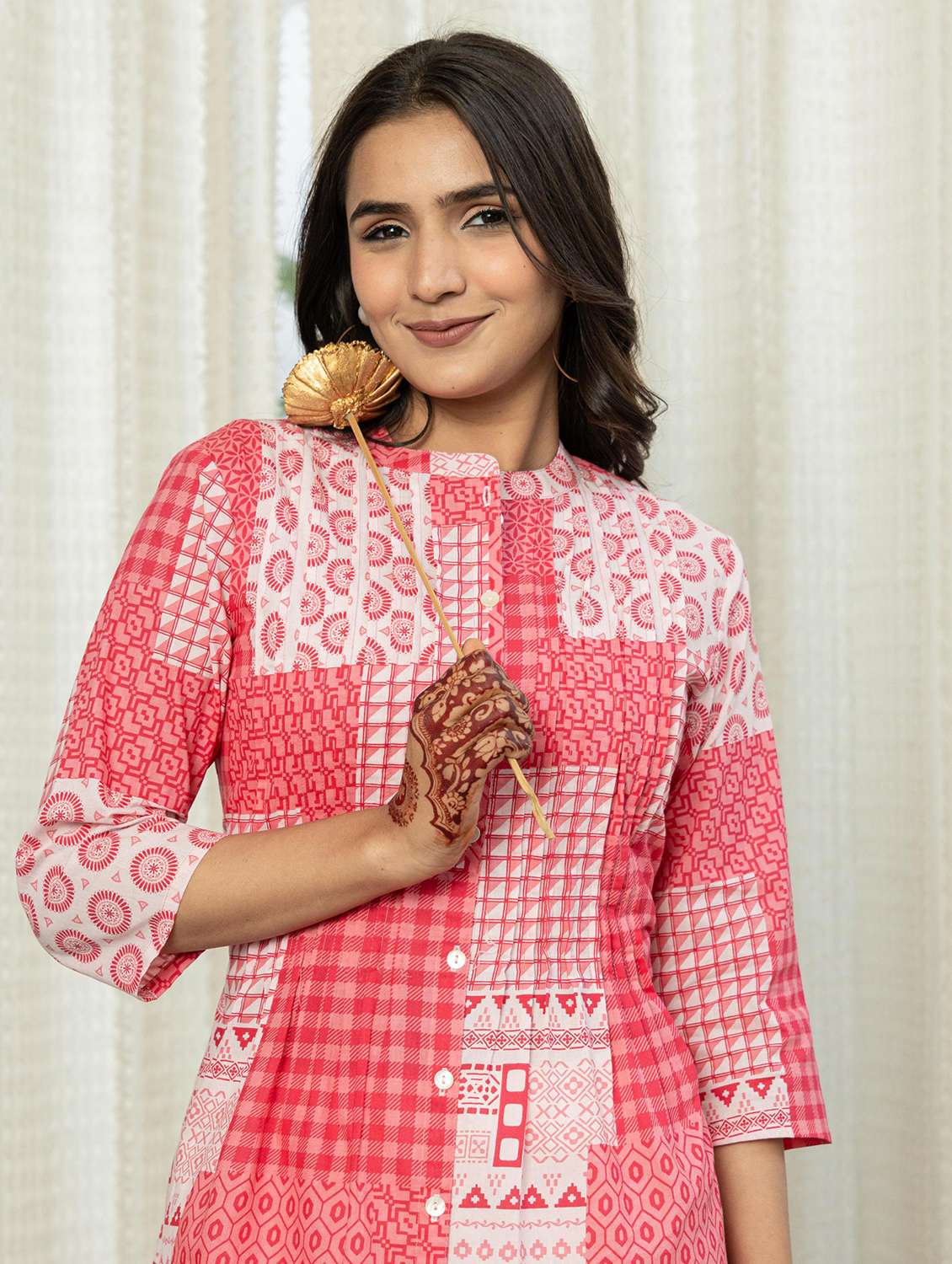 women printed three quarter sleeve a-line ethnic top - 22105352 -  Standard Image - 1