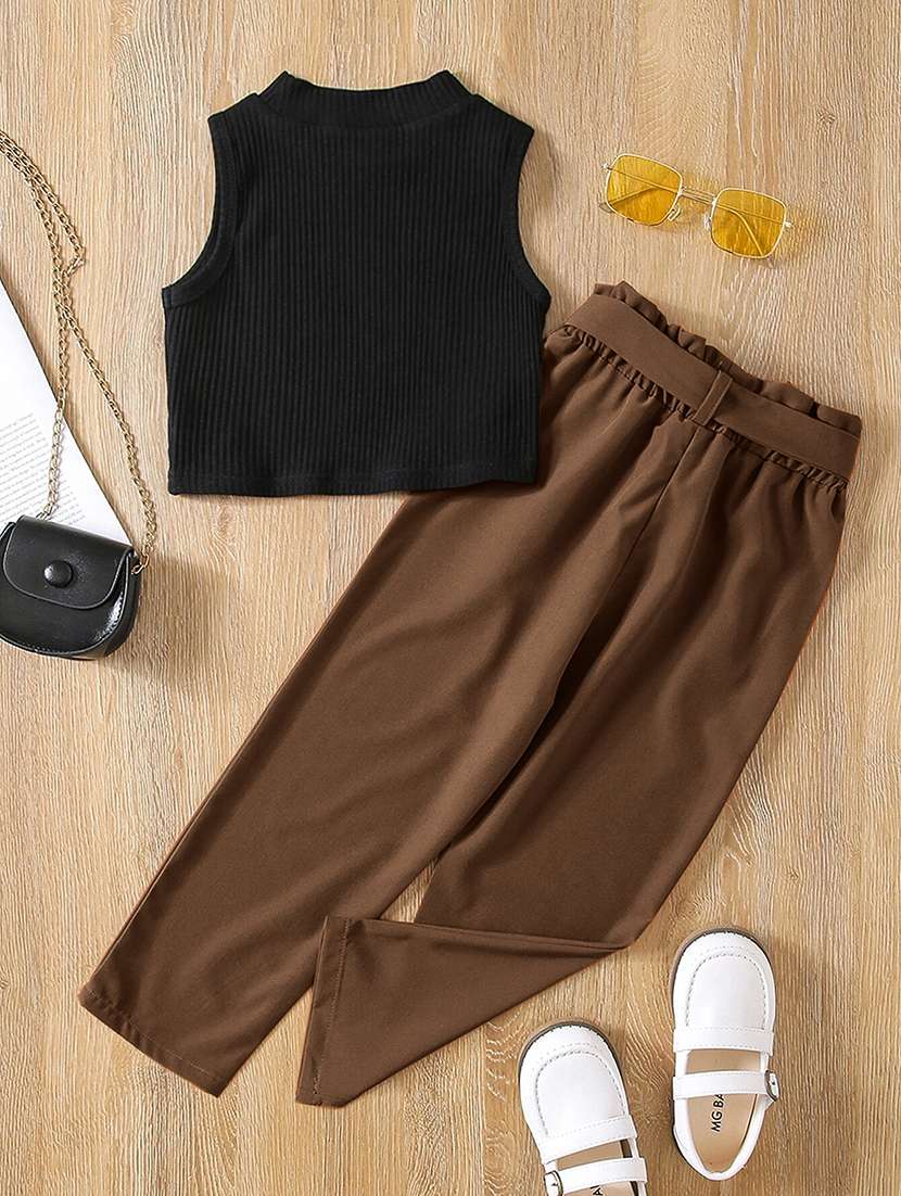 girls solid top & trouser co-ord set - 22105492 - Standard Image - 1
