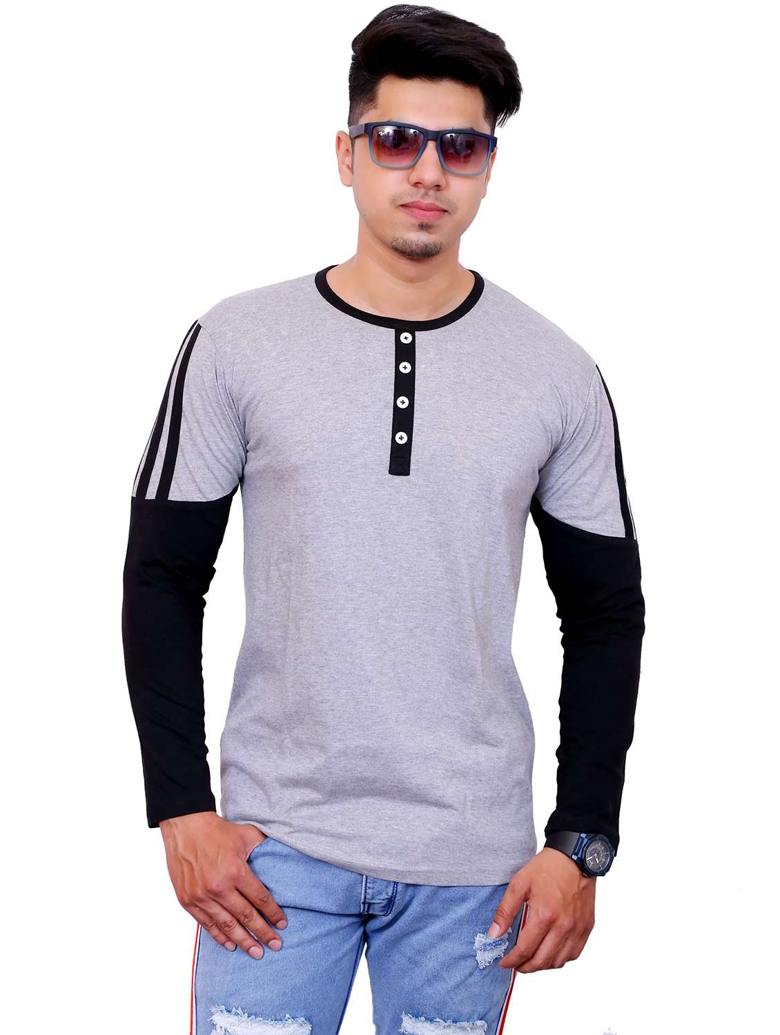 men color block long sleeve regular fit t-shirt - 22105629 -  Standard Image - 1