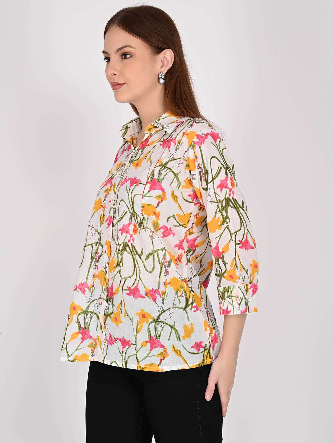 women floral printed three quarter sleeve ethnic top - 22105853 -  Standard Image - 1