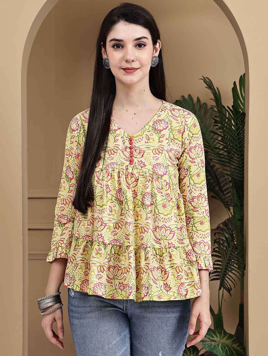 women floral printed three quarter sleeve ethnic top - 22105854 - Standard Image - 1