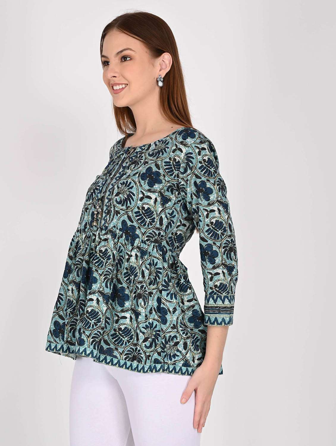 women floral printed three quarter sleeve ethnic top - 22105856 - Standard Image - 1