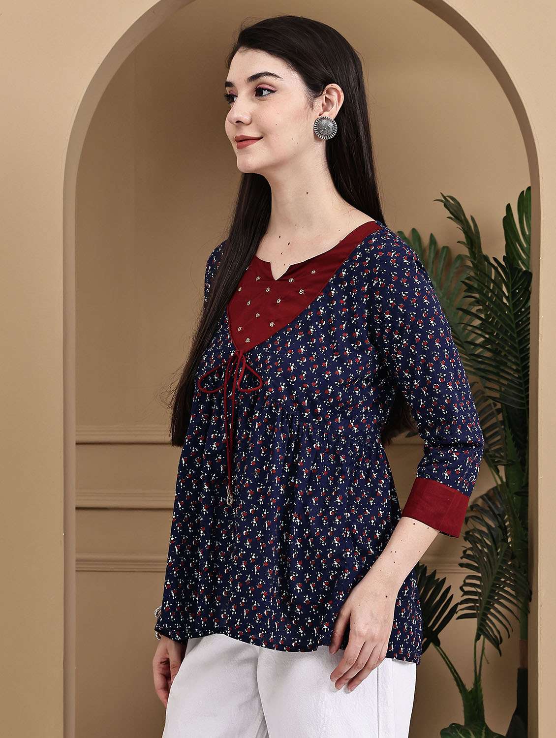 women floral printed three quarter sleeve ethnic top - 22105858 -  Standard Image - 1