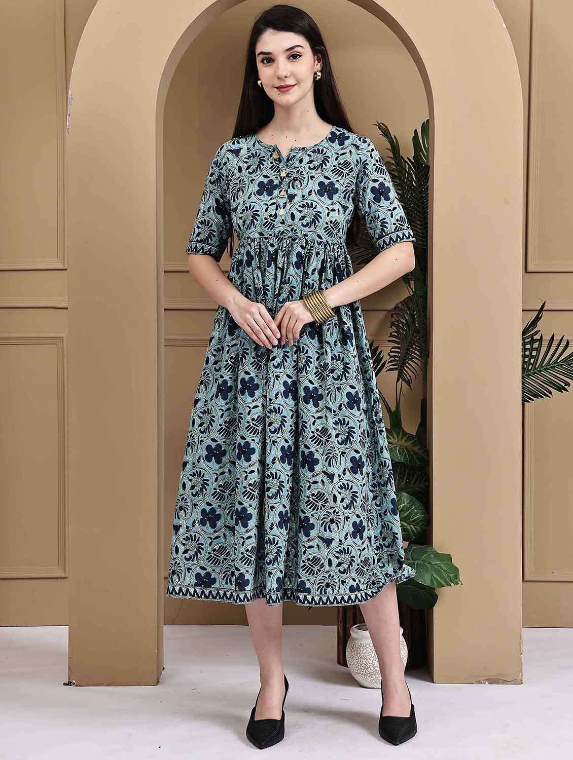 women floral printed short sleeve a-line ethnic dress - 22105864 - Standard Image - 1