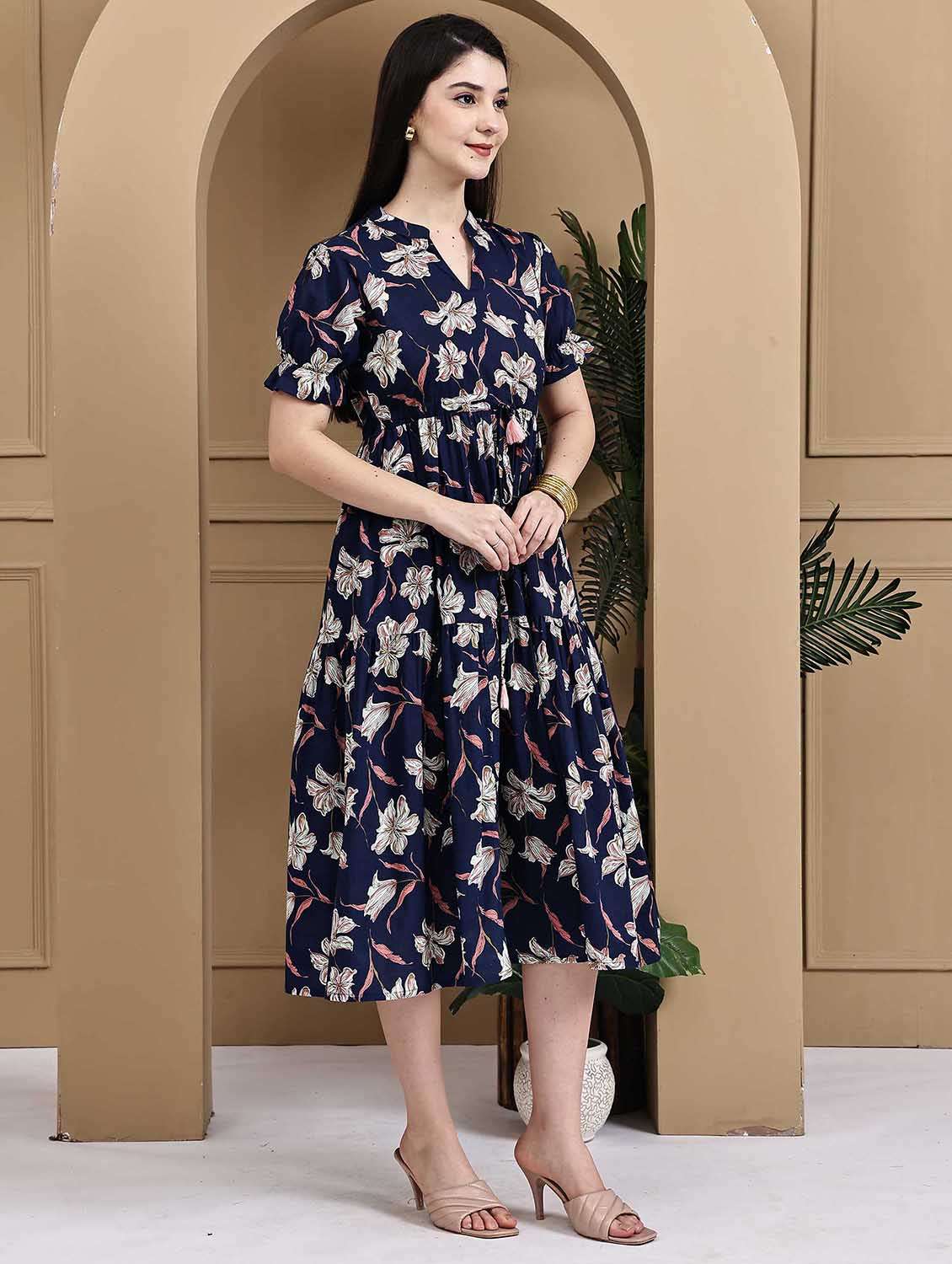 women floral printed short sleeve tiered ethnic dress - 22105869 - Standard Image - 1