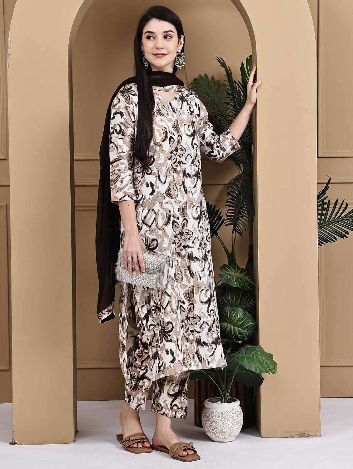 women printed three quarter sleeve kurta pant with dupatta set - 22105872 - Standard Image - 1