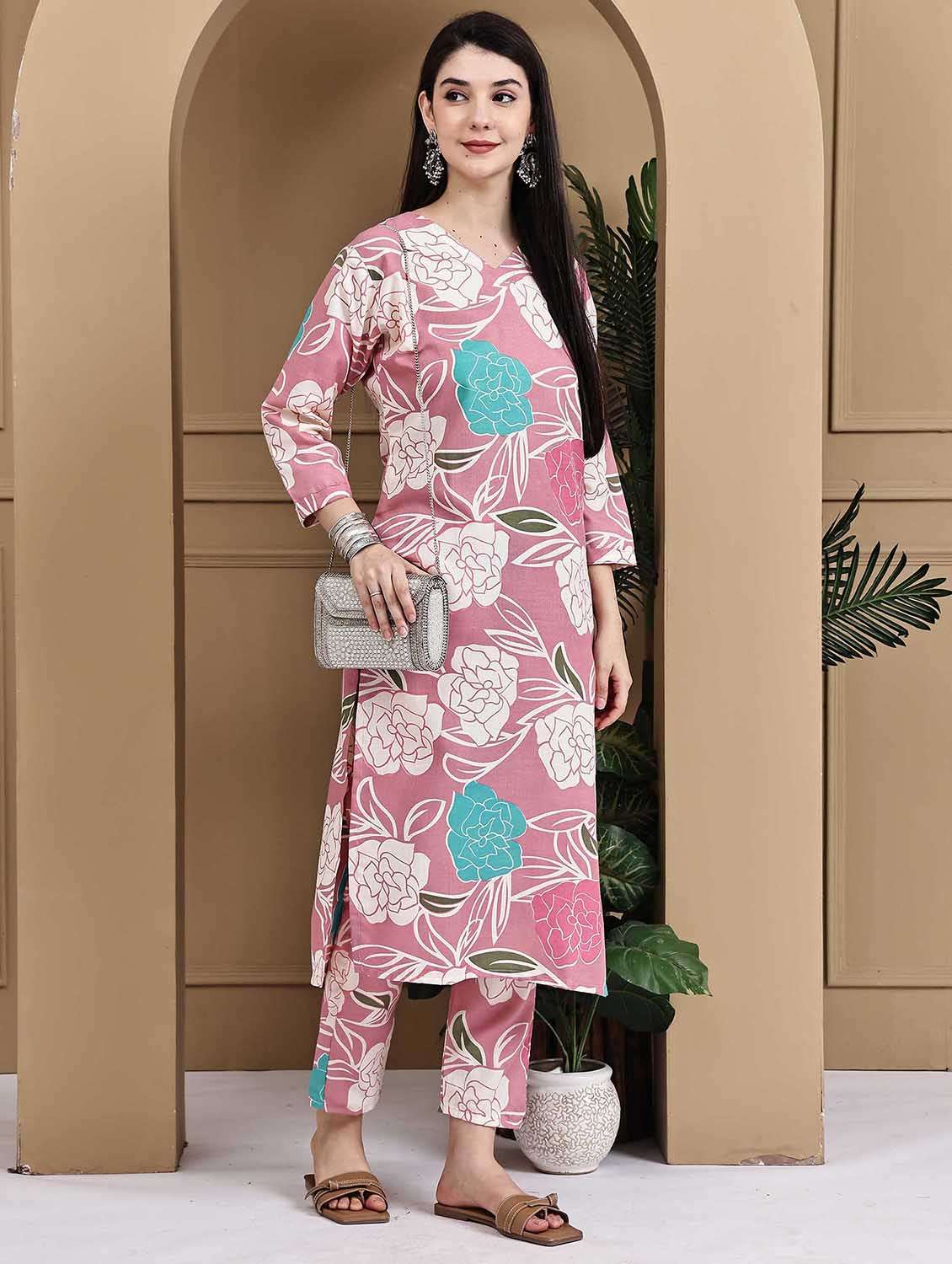 women printed three quarter sleeve kurta pant set - 22105873 - Standard Image - 1