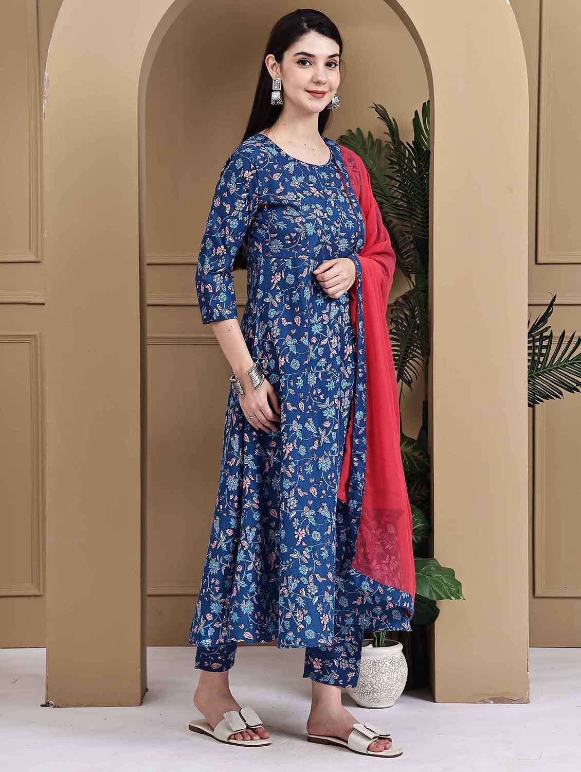 women printed three quarter sleeve kurta pant with dupatta set - 22105874 -  Standard Image - 1