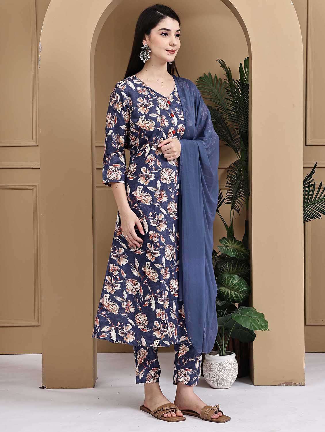 women printed three quarter sleeve kurta pant with dupatta set - 22105878 -  Standard Image - 1