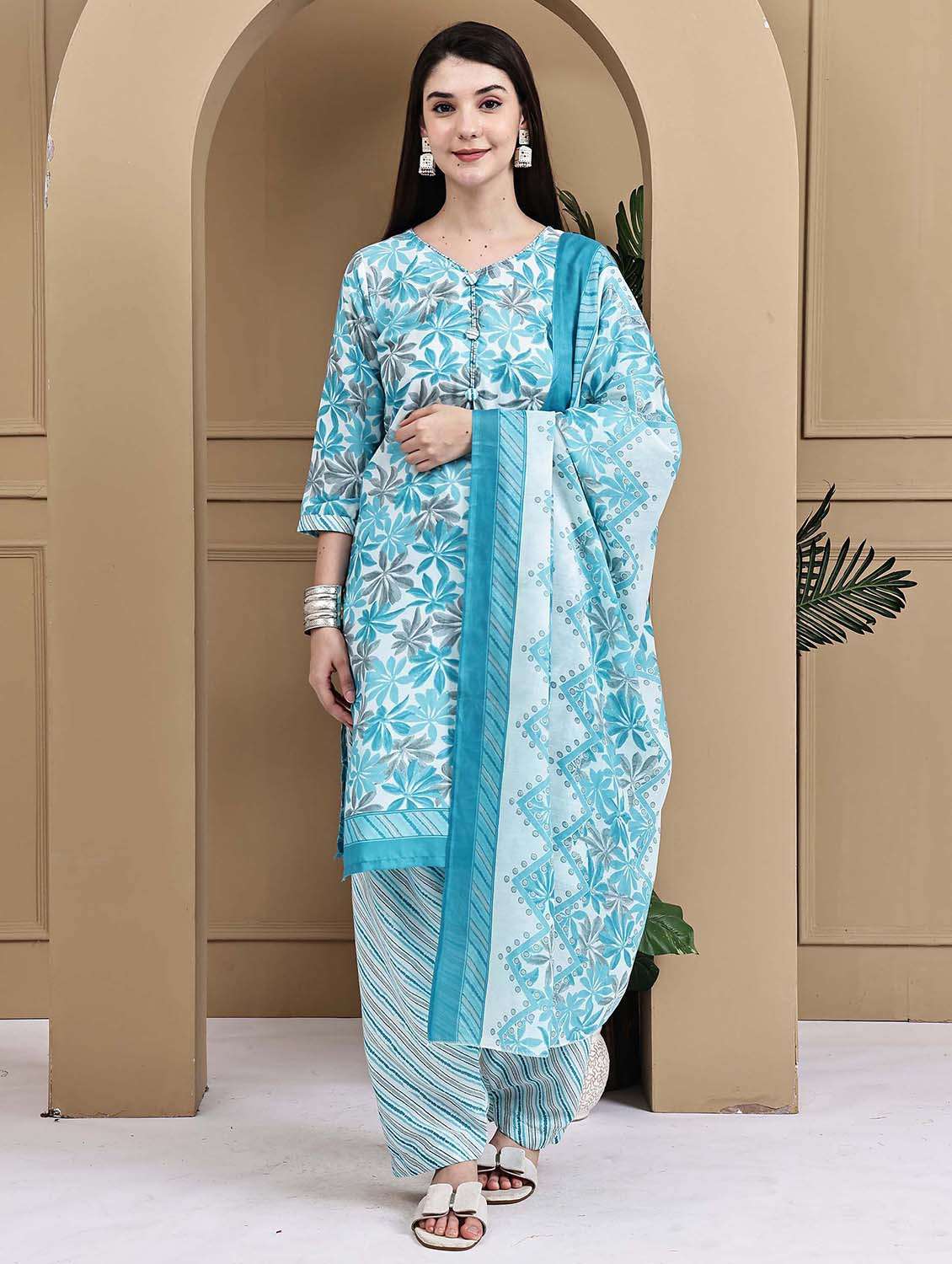 women printed three quarter sleeve kurta salwar with dupatta set - 22105882 -  Standard Image - 1