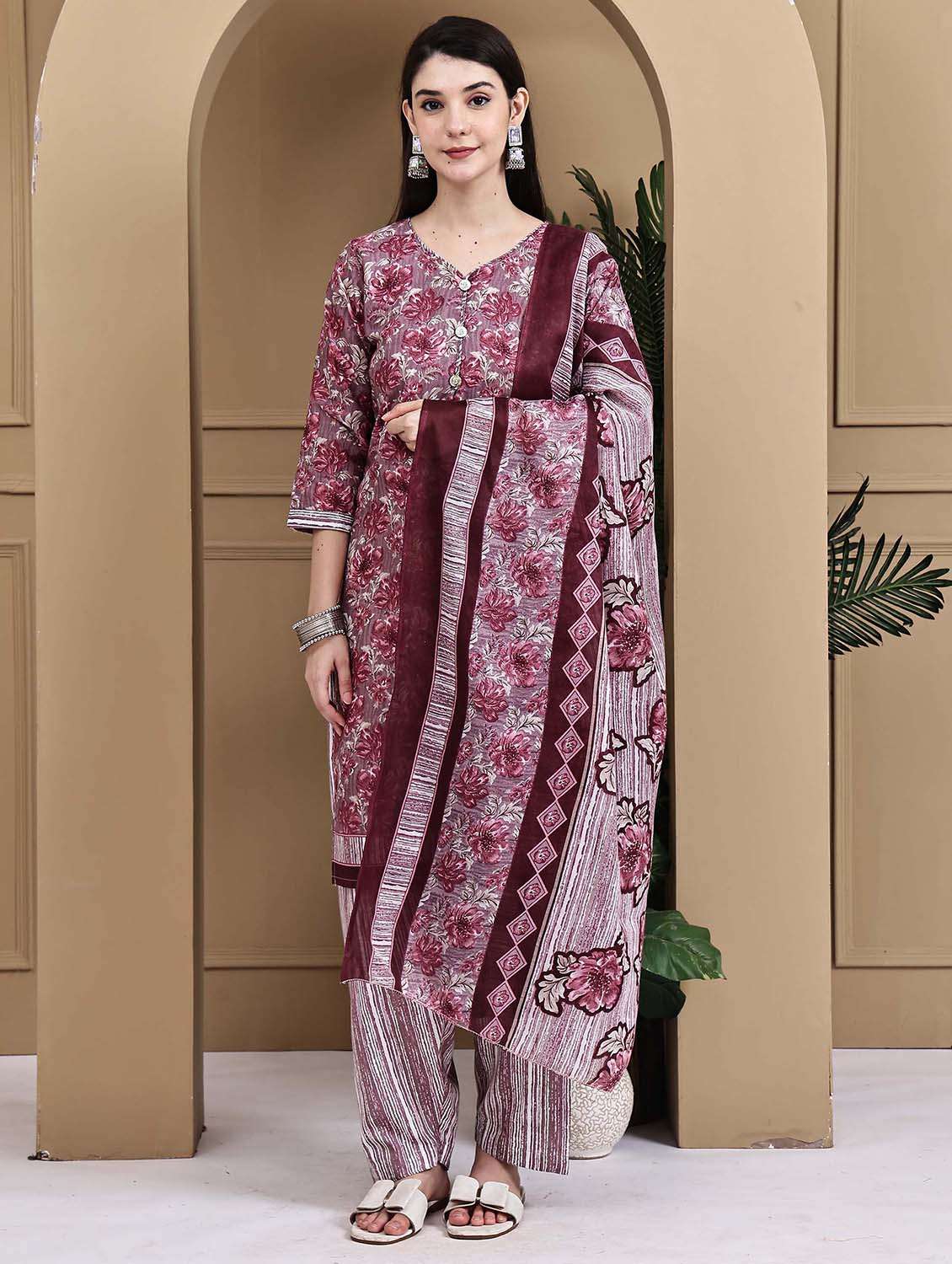 women printed three quarter sleeve kurta salwar with dupatta set - 22105883 - Standard Image - 1