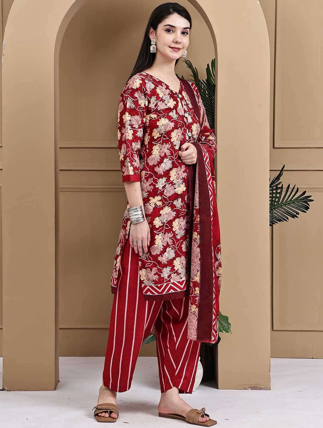 women printed three quarter sleeve kurta salwar with dupatta set - 22105885 -  Standard Image - 1