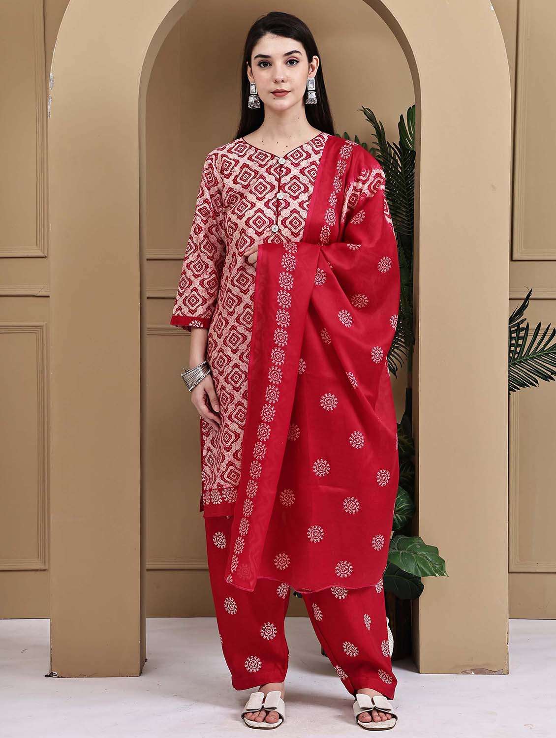 women printed three quarter sleeve kurta salwar with dupatta set - 22105888 -  Standard Image - 1