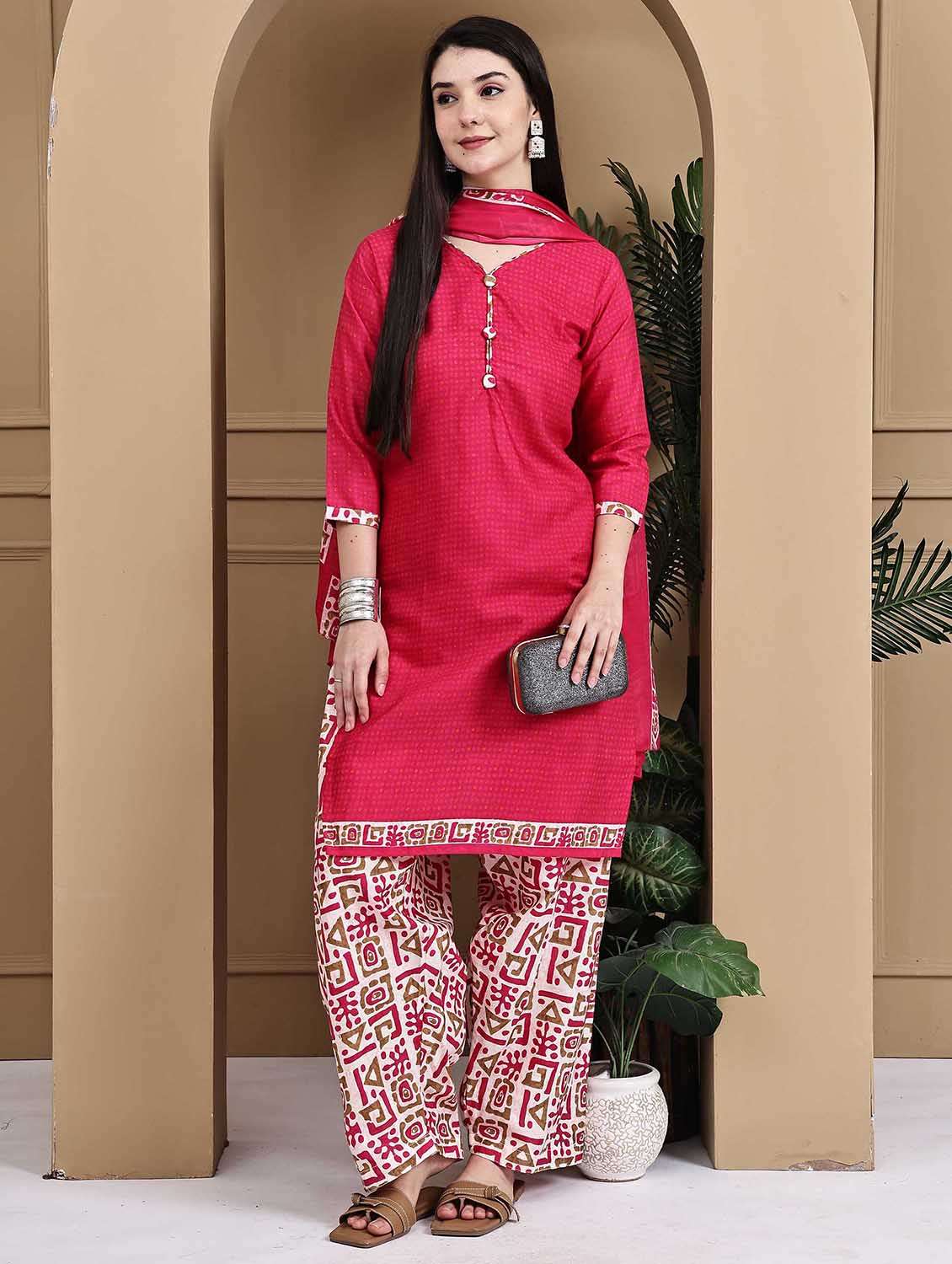 women printed three quarter sleeve kurta salwar with dupatta set - 22105890 -  Standard Image - 1