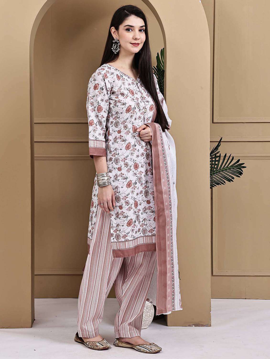 women printed three quarter sleeve kurta salwar with dupatta set - 22105896 -  Standard Image - 1