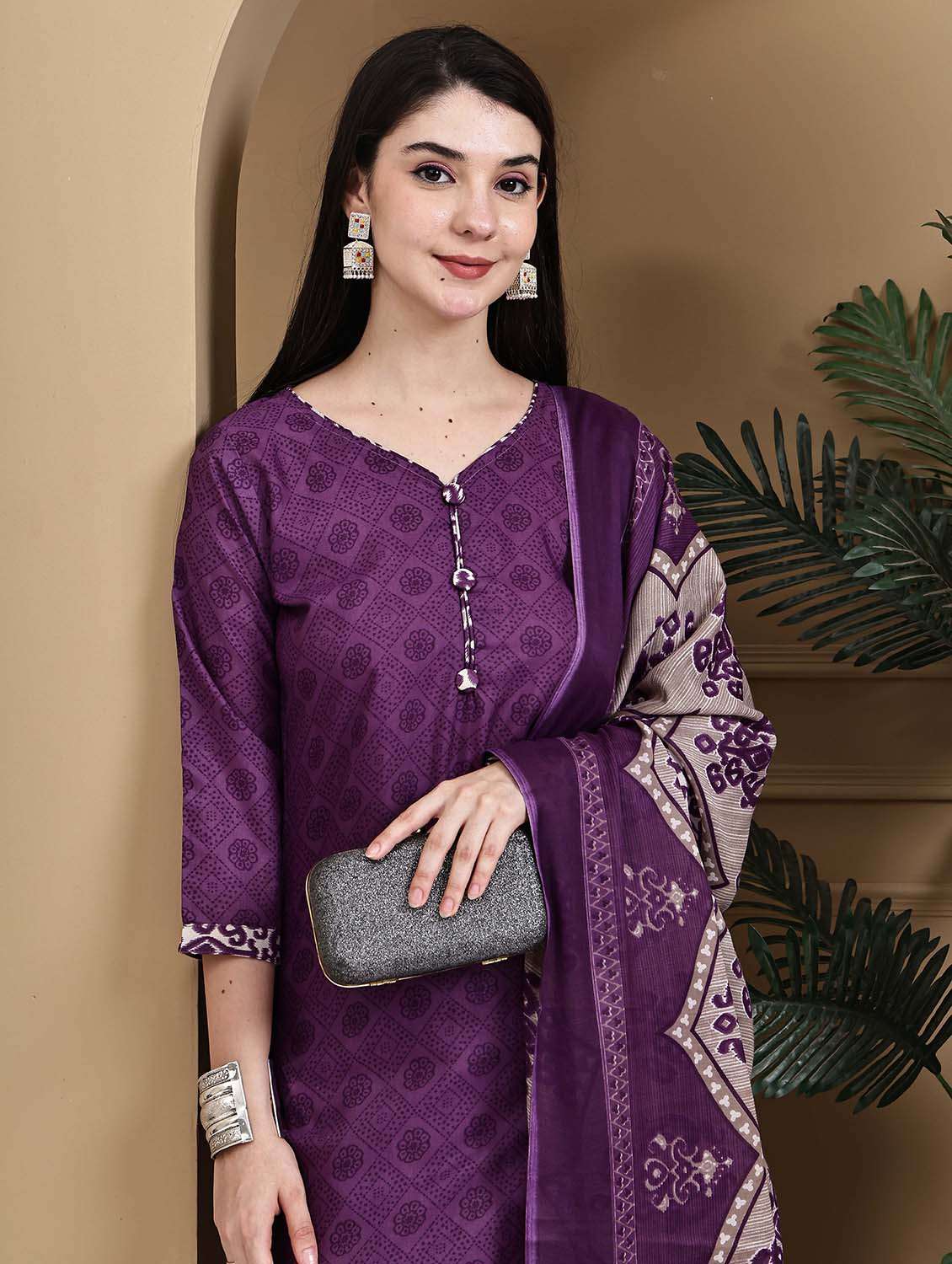 women printed three quarter sleeve kurta salwar with dupatta set - 22105897 -  Standard Image - 1