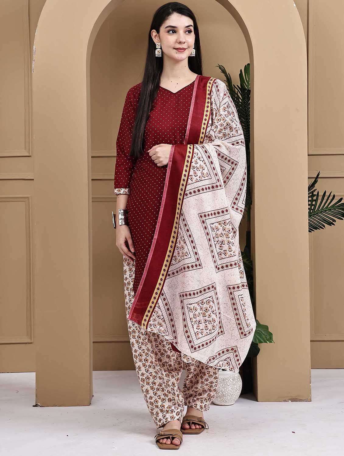 women printed three quarter sleeve kurta salwar with dupatta set - 22105926 -  Standard Image - 1