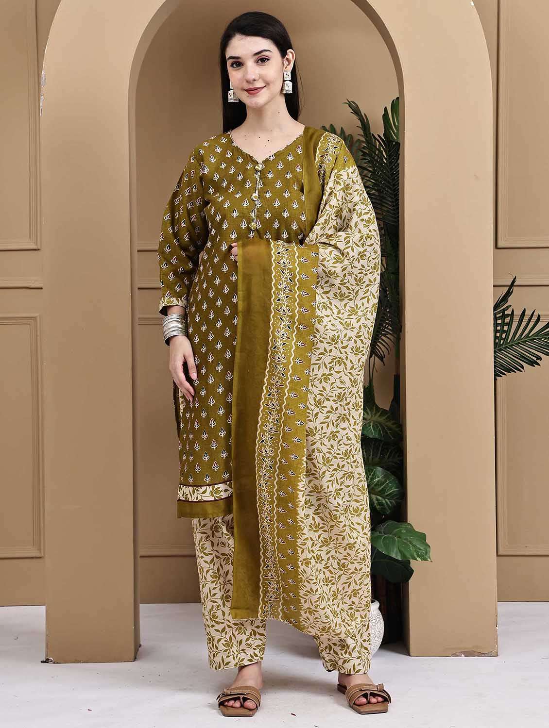 women printed three quarter sleeve kurta salwar with dupatta set - 22105929 - Standard Image - 1