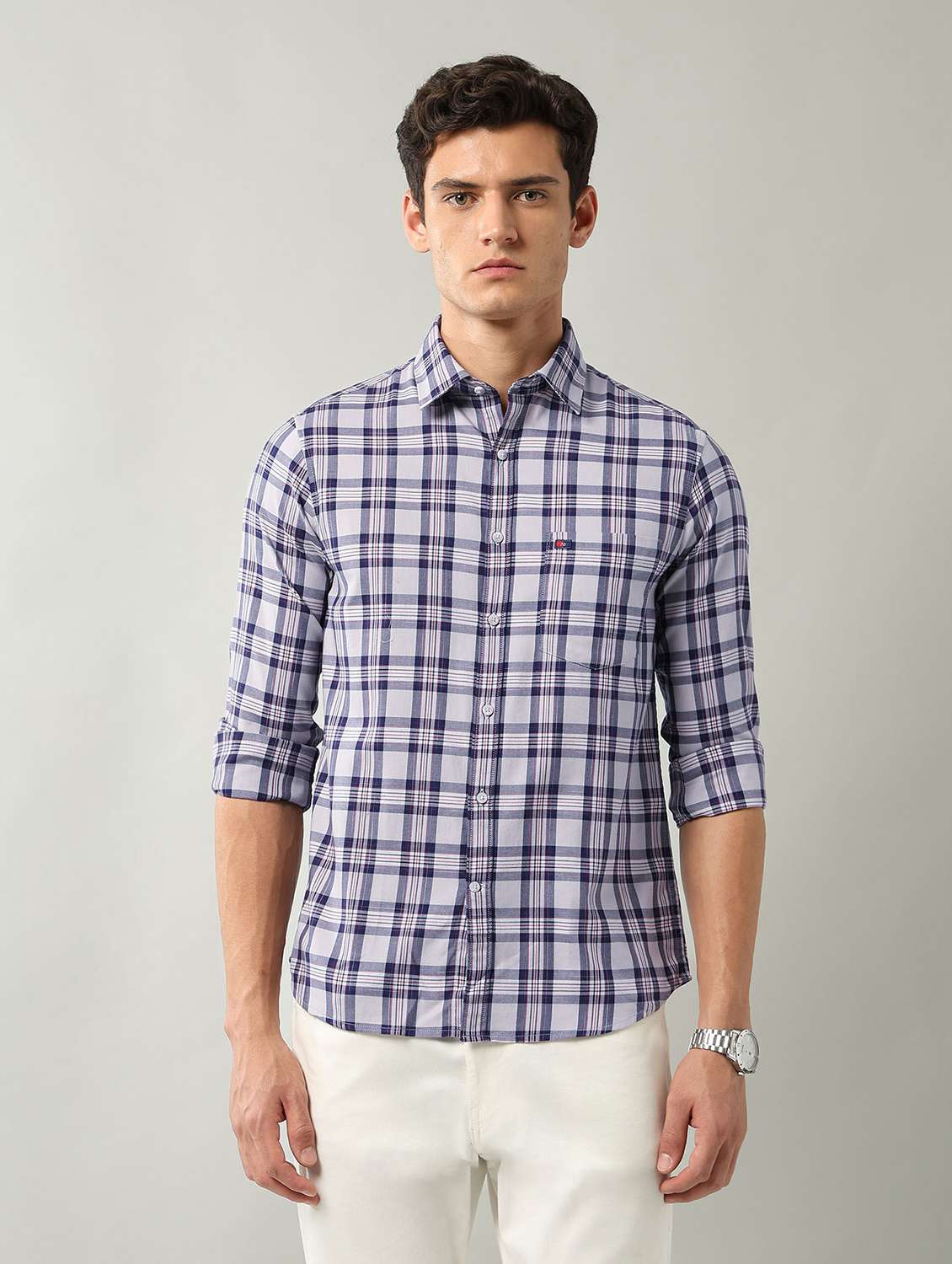 men checkered long sleeve slim fit casual shirt - 22106057 - Zoom Image - 0