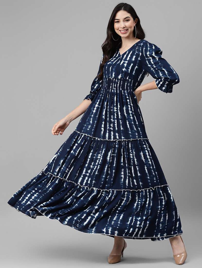 women tie & dye printed puff sleeve tiered dress