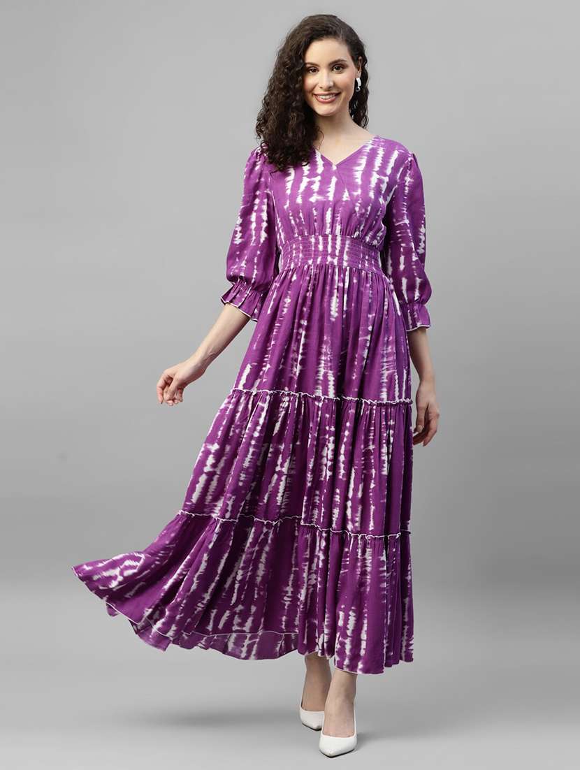 women tie & dye printed puff sleeve tiered dress