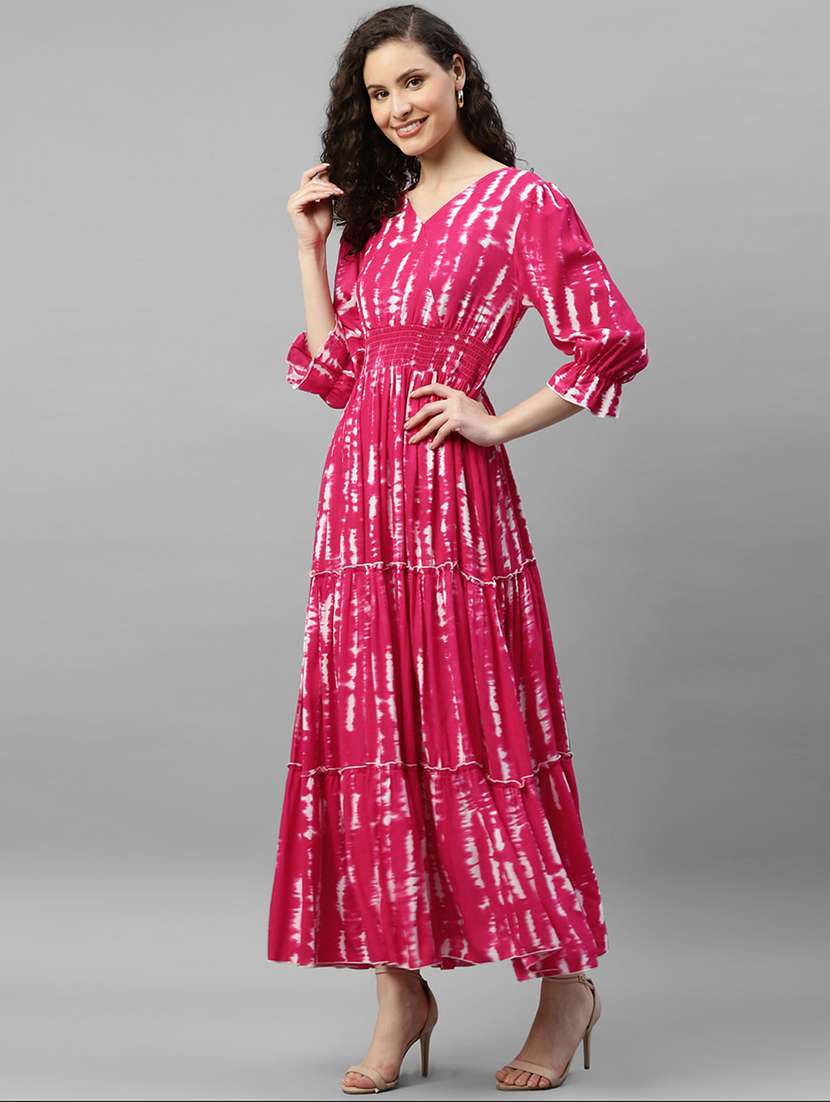 women tie & dye printed puff sleeve tiered dress