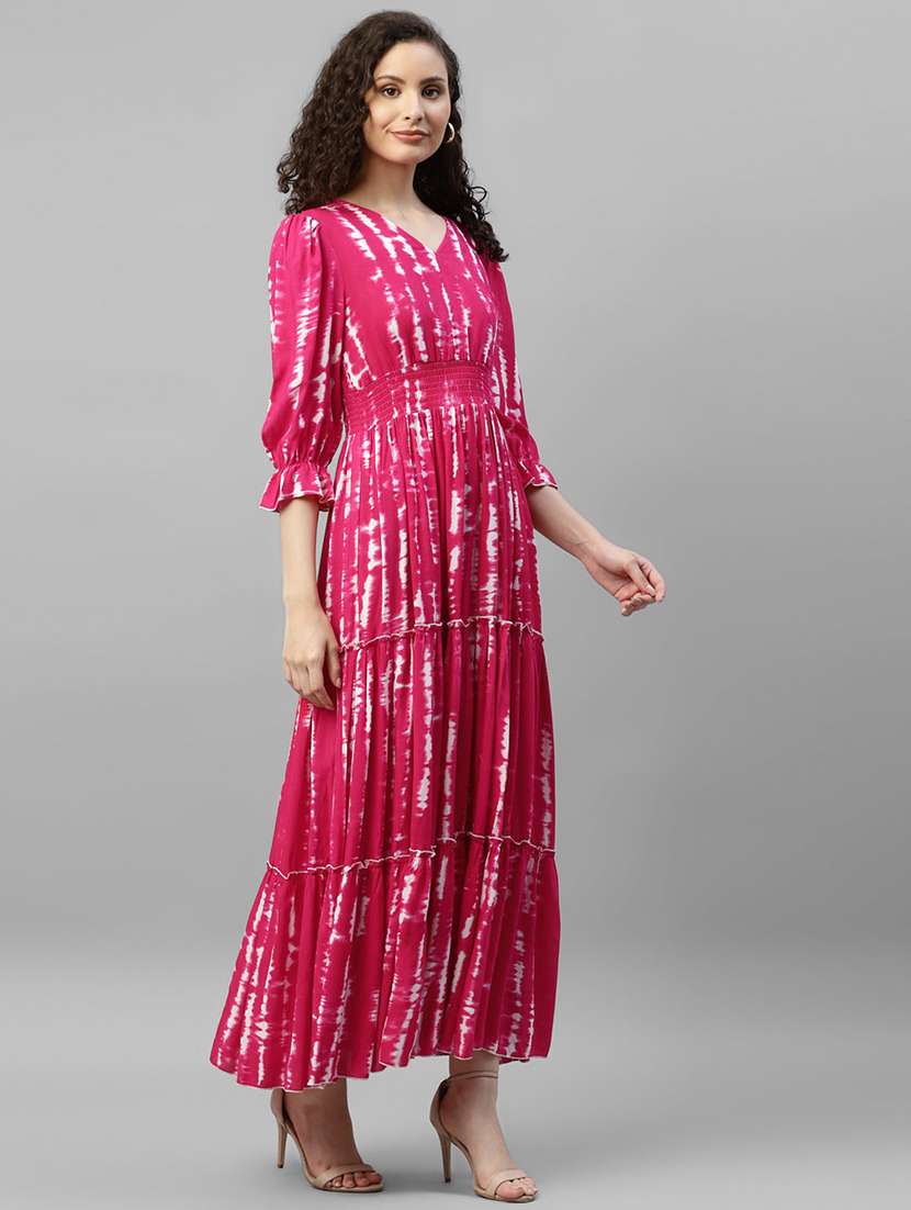 women tie & dye printed puff sleeve tiered dress - 22106081 - Standard Image - 1