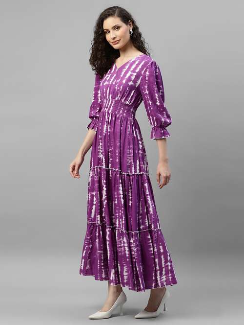 women tie & dye printed puff sleeve tiered dress - 22106082 -  Standard Image - 0
