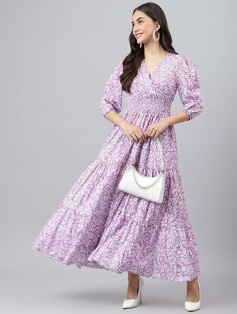 women floral printed puff sleeve tiered dress