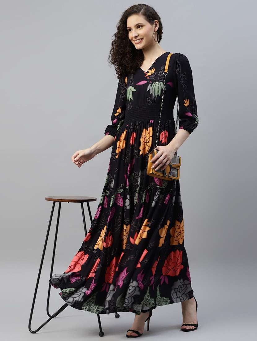 women printed puff sleeve tiered dress