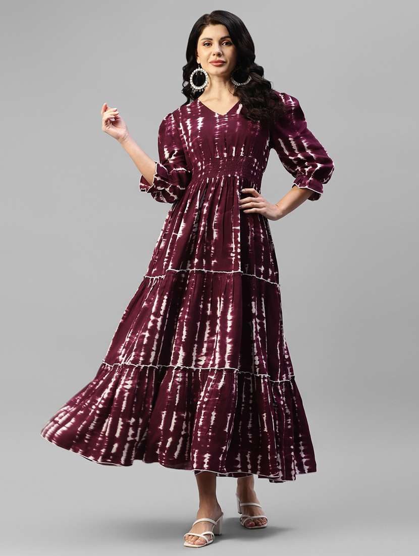 women printed puff sleeve tiered dress