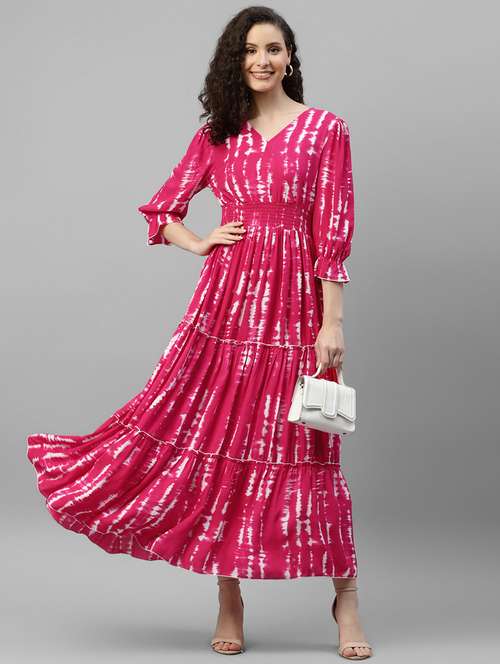 women tie & dye printed puff sleeve tiered dress - 22106182 -  Standard Image - 0