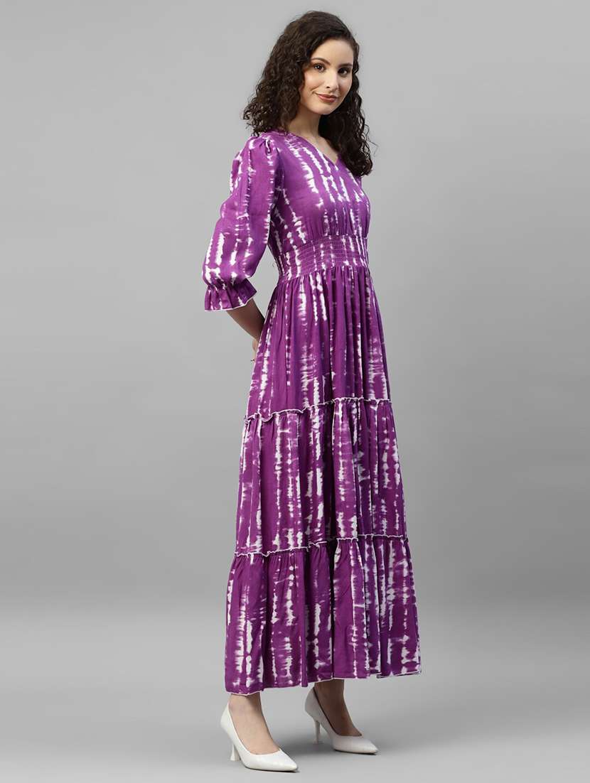 women tie & dye printed puff sleeve tiered dress - 22106183 -  Standard Image - 1