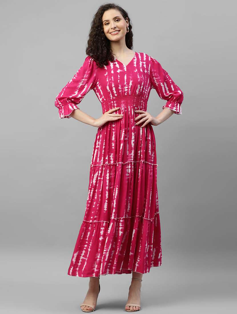 women tie & dye printed puff sleeve tiered dress