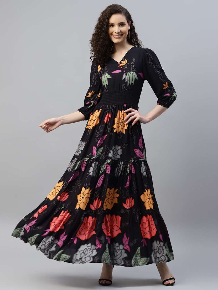 women floral printed puff sleeve tiered dress