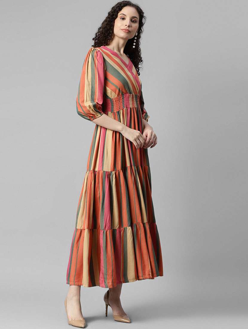 women striped puff sleeve tiered dress - 22106212 -  Standard Image - 1
