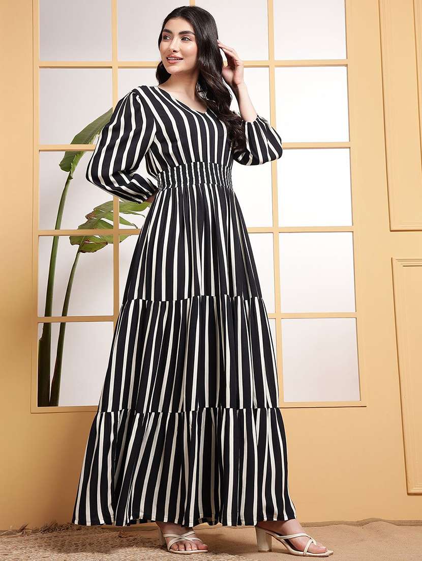 women striped puff sleeve tiered dress - 22106215 - Standard Image - 1
