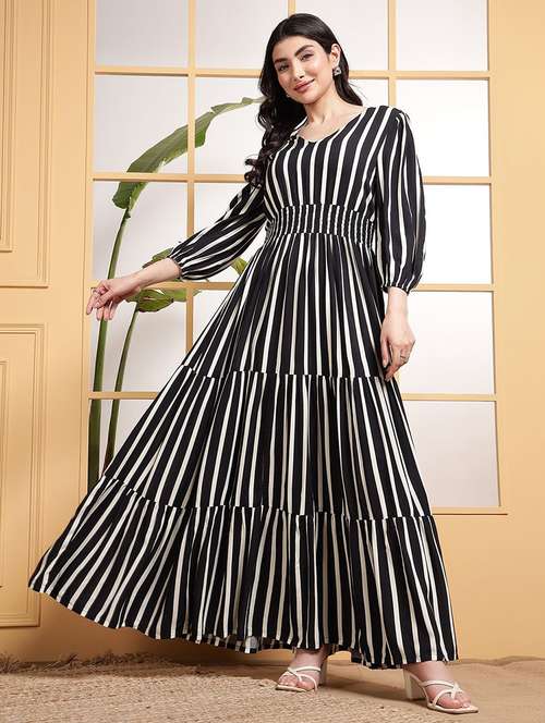 women striped puff sleeve tiered dress - 22106224 -  Standard Image - 0