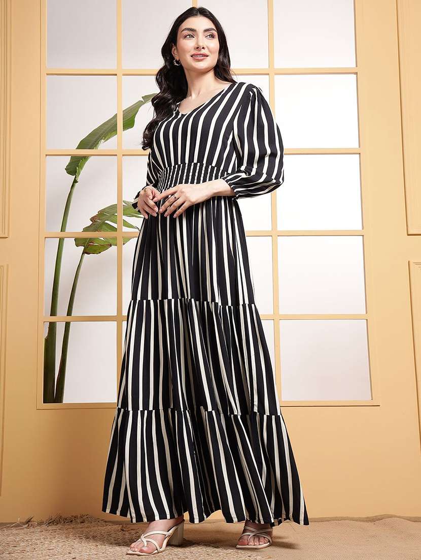 women striped puff sleeve tiered dress - 22106224 -  Standard Image - 1