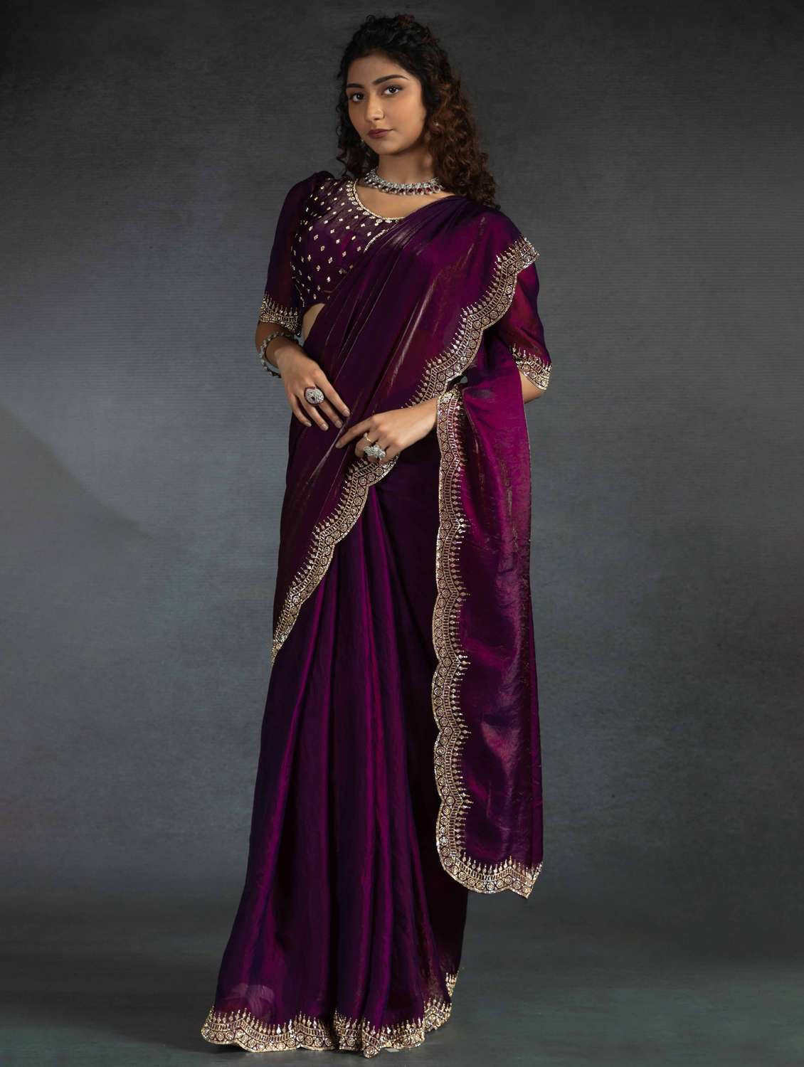 women solid with work embellished bordered saree with blouse - 22106266 -  Standard Image - 1